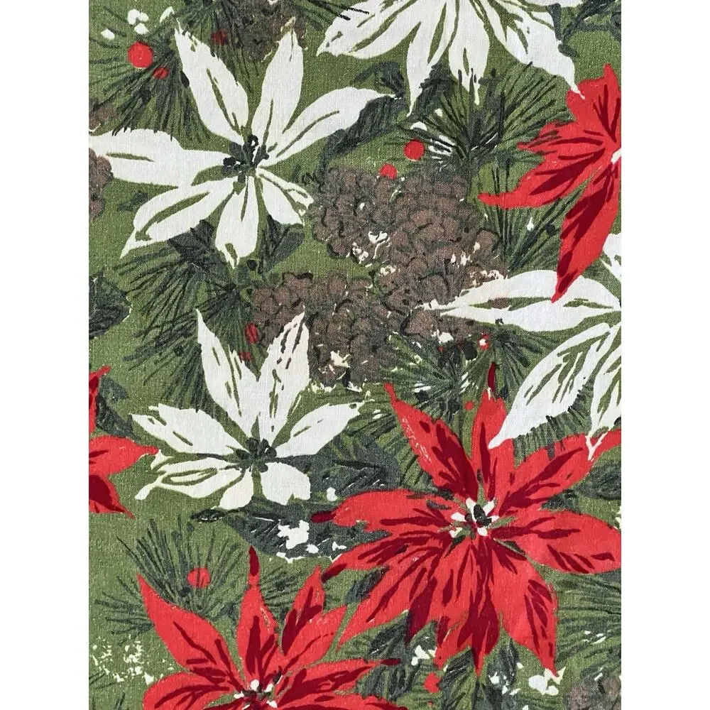 Vintage Christmas Poinsettias & Pinecones Red Green Fabric Tablecloth 50x103